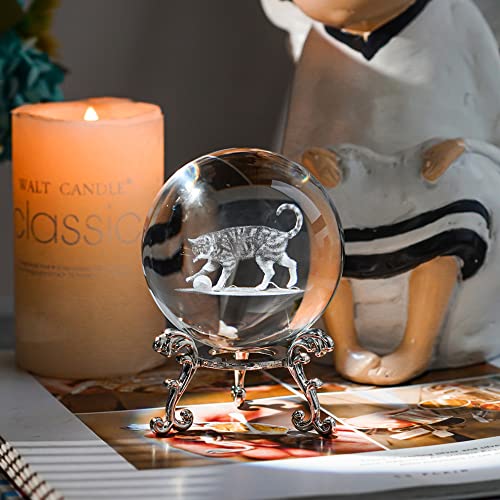 HDCRYSTALGIFTS 60mm 3D Cat Crystal Ball Figurine Gifts for Women Men Glass Laser Engraved Animal Cat Kitty Crystal Ball with Stand Paperweights Glass Sphere Ball Ornaments Decor Gifts for Lovers - Image 3