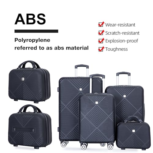 Luggage 4 Piece Set, Hardshell ABS Suitcase Set with Double Spinner Wheels, Lightweight Durable Large Luggage set, Carry On and Checked Travel Luggage, Black3