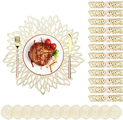 24PCS Pressed Vinyl Metallic Placemats and Coaster Sets,12 Placemats and 12 Coaster,Round Wedding Dining Table Mats Kitchen Decor Placemats,Gold Leaf PVC Outdoor Indoor Dinner Table Placemats