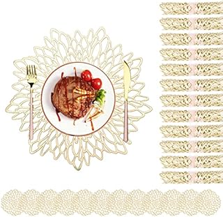 24PCS Pressed Vinyl Metallic Placemats and Coaster Sets,12 Placemats and 12 Coaster,Round Wedding Dining Table Mats Kitchen Decor Placemats,Gold Leaf PVC Outdoor Indoor Dinner Table Placemats