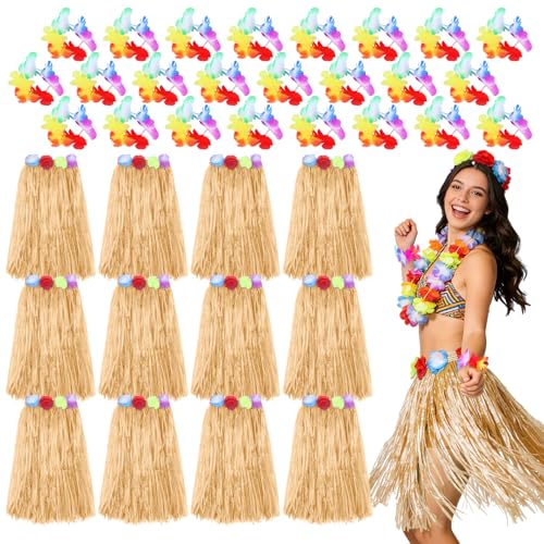 HOFASON 12PCS Luau Hawaiian Raffia Skirts With 24PCS Wristbands Party Decorations Bulk for Women Adult Hibiscus Flowers Hula Skirt for Tropical Beach Holiday Birthdays Costume Party Favor Supplies