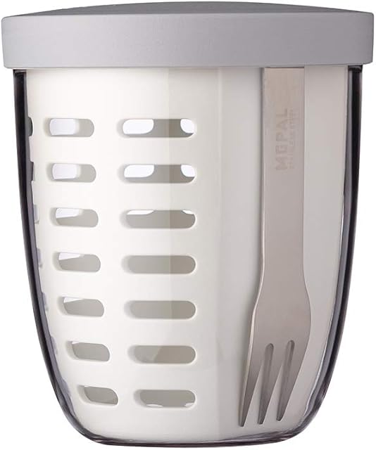 Mepal Fruitpot Ellipse Nordic White pojemność 600 ml idealny do owoców, owoców i warzyw w podróży z sitkiem i widelcem nadaje się do mycia w zmywarce