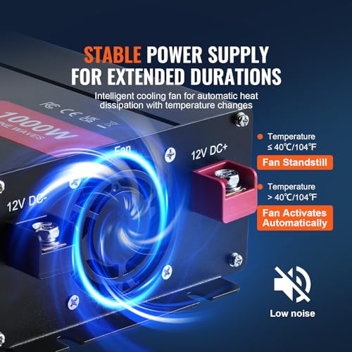 Image of VEVOR 1000W Pure Sine Wave Inverter, DC 12V to AC 120V Power Inverter with 2 AC Outlets 1 USB Port 1 Type-C Port, Remote Control for Small Home Devices Like Smartphone Laptop, CE FCC Certified
