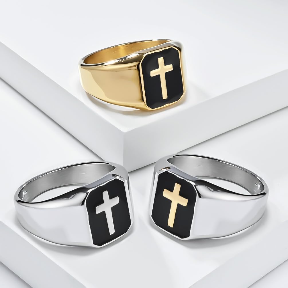 PAMTIER Men's Stainless Steel Vintage Unique Square Cut 15mm Cross Crucifix Biker Ring Comfort Fit