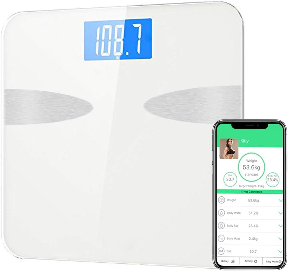 ANYOYO Bluetooth Body Fat Scale with IOS and Android App Smart Digital Bathroom Scales Analyzer for Body weight,Body Fat,Body Water,Bone Mass,Muscle Mass,BMI,BMR,Visceral Fat