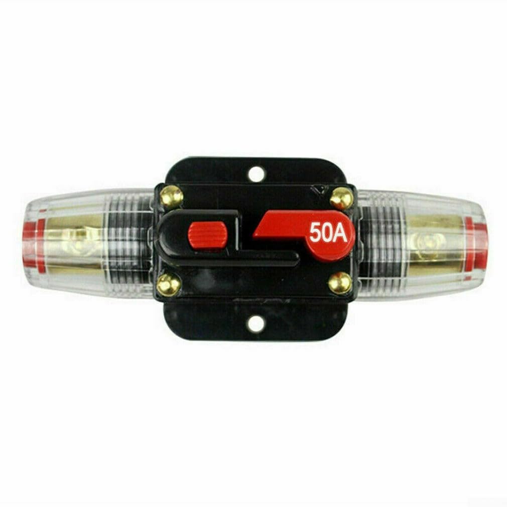 High Current Inline Circuit Breaker Fuse Holder, 12V 24V DC, Prevents Damage to Car Audio Systems, Easy Manual Reset Option (50A)