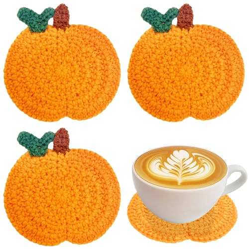 Fall Pumpkin Crochet Coaster 4 Pack Fall Pumpkin Decor Handmade Knitted Drink Coaster Set Autumn Decoration Drink Cup Pad Mats for Table Protection Thanksgiving Home Kitchen Party Table Decor