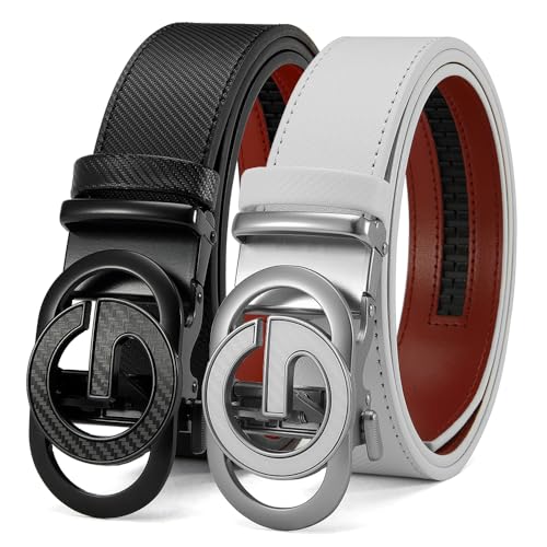 Men's Belt Leather Ratchet Belt for Men - 2 Pack Dress Casual Every Day with Adjustable Buckle, Trim to Fit