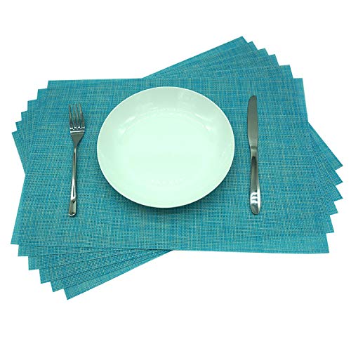 YARADECRO Placemats PVC Woven Fabric Glitter Light Blue Washable Large Kitchen Dining Table Place Mats set of 6, Heat Insulation 45 x 30CM
