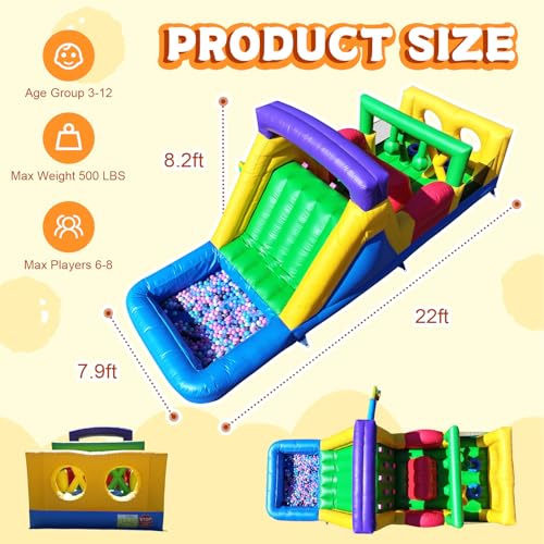 Image of 22FT Commercial Bounce House for Big Kids (0.45mm Heavy Duty PVC) (500lbs Capacity) Inflatable Obstacle Course with Splash Pool /Wide Water Slide /1100W Blower, Backyard Outdoor Party 22x8x8.2FT