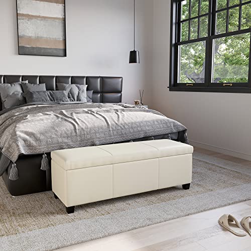 Image of BELLEZE Storage Faux Leather Ottoman, 47 Inch Bench Bedroom Bench with Safety Close Hinge, Extra Long Ottoman with Storage for Living Room, Entryway, Foot Rest, Support 300lbs - Cream