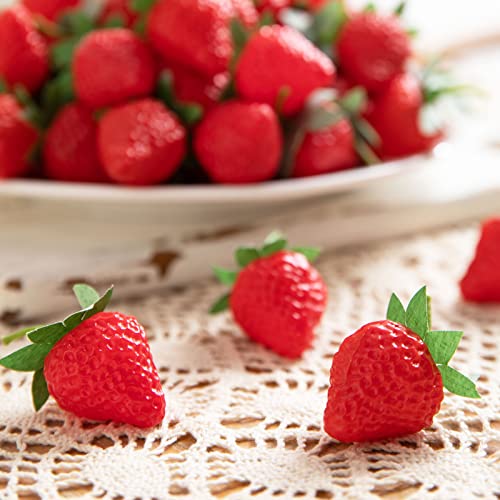 Joeabor 60 Pieces Fake Strawberries Décor, Fake Fruit Artificial Strawberry Kitchen Décor, Plastic Strawberry Party Decorations, Realistic Fake Food Lifelike For Display Photography Props #TOP6
