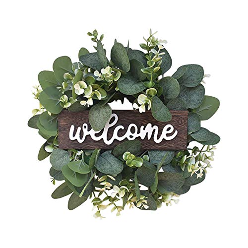 AUTUUCKEE Corona de hoja de eucalipto verde, corona de bienvenida de 30,5 cm, corona de celebración artificial para puerta delantera, corona de verano (verde) Cover