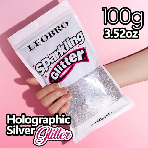 image for LEOBRO 100g / 3.5 oz Silver Glitter, Holographic Fine Glitter for Craf