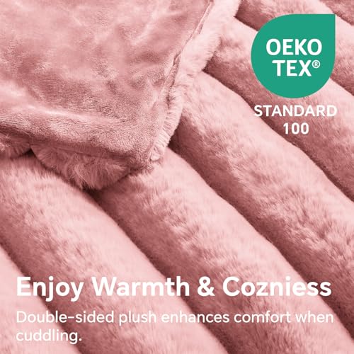 Image of BEDELITE Faux Fur Throw Blanket for Couch, 770GSM, 60 inch x 80 inch, Pink | Soft and Cozy Luxurious 3D Striped Fluffy Blanket, Warm Plush Fuzzy Faux Rabbit Fur for Women Gift, Stylish Room Decor