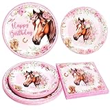 JYYWTSI Set di 60 stoviglie per feste di compleanno, cavallo selvatico, motivo floreale, con piatti da 7/9 pollici, tovaglioli e cuori Macaron, decorazione per torte di compleanno, festa e festa