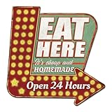 SUPERDANT Cartel de metal vintage con texto en inglés 'Eat Here' para decoración de restaurantes las 24 horas, letrero de flecha para bares, cafeterías, pubs, clubes, comida rápida, tiendas, arte de