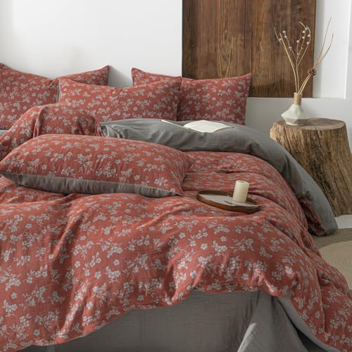 Image of VM VOUGEMARKET Vintage Floral Duvet Cover Set King,Rust Red Double Layer Gauze Cotton Bedding, Soft Breathable Comforter Cover with Zipper Closure,3 Pieces