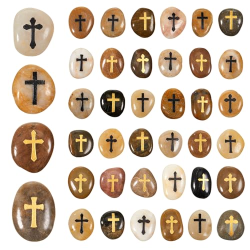 Fabbay 40 Pcs Cross Engraved Stones Prayer Rocks Inspirational Rocks Christian Clinging Cross...