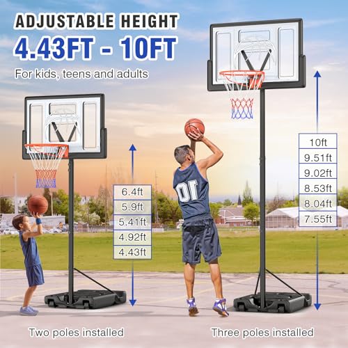 Yohood Basketball Hoop Outdoor 10ft Adjustable, Portable Basketball Hoop Goal System for Kids Youth and Adults in Backyard/Driveway/Indoor, 44 Inch Shatterproof Backboard and Larger Base