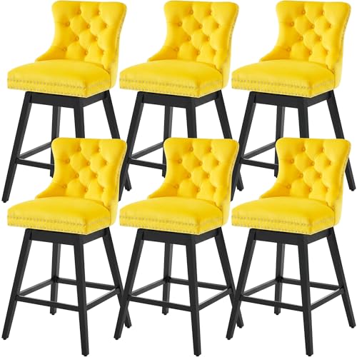 Image of Yellow Swivel Bar Stools, Velvet Counter Height Bar Stool Set of 6 | 360 Swivel Bar Chairs, Solid Wood Legs, Upholstered Kitchen Island Stools, Modern Extra Wide Seat (Yellow, 26 inch H, 6 Pack)
