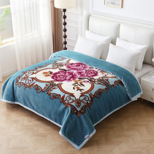 Image of JYK Korean Mink Fleece Blanket King Size 83'' x 91'', 5.7 Pounds - 2 Ply Reversible Silky Soft Plush Warm, Comfy Bed Blanket, Luxurious Blanket for All Seasons - Blue /Purple Peony