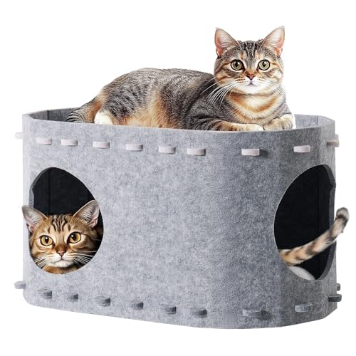SOLVIEW Cueva de Fieltro para Gatos, Cama Grande de 2 Pisos para Gatos de Interior, Cueva para Gatos con Túnel de Juego, para Gatos 58T x 33B x 30Hcm, Gris