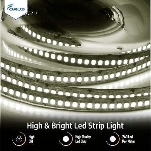 Image of Forus 5 Meter (5M) 10MM Natural White LED Strip Light, 240 LEDs /M Plug & Play Flexible Lighting for Home Decor, False Ceiling, Pooja Room, Living Room, Kitchen, Mirror, Stairs, 2-Year Warranty