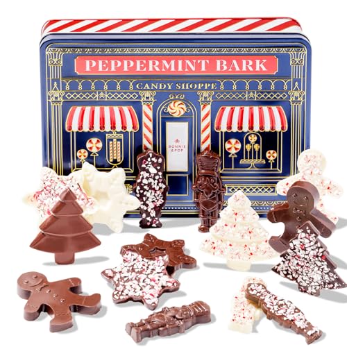 Christmas Peppermint Gift Tin Bark Candy – Fudge Gourmet Holiday Chocolate Gift Basket, Festive Assortment with Nutcrackers, Trees & Gingerbread Shapes – Family, Friends & Coworkers- Bonnie & Pop