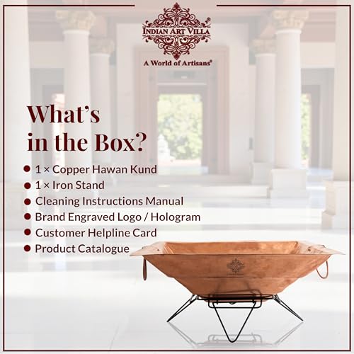 Image of Indian Art Villa Pure Copper Hawan Kund with Stand & Side Handles, Traditional Yagya, Hawan & Poojan Kund for Home Mandir, Festivals & Religious Ceremonies, 4.3 x 13.4 Inches