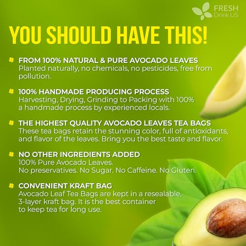 Image of FreshDrinkUS, Avocado Leaf Tea Bags | 40 Count | Premium Dried Avocado Leaves Herbal Tea - Caffeine Free Botanical Tea - Fresh, Smooth & Earthy Flavor. Sugar Free. Vegan
