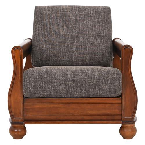 Image of Royaloak Texas American Wooden Sofa 1S | Solid Wood | Fabric Cushion | Pocket Spring | Curved Designer Armrest | Durable and Long Lasting | American Collection | Wooden Sofa | Sofa 1 Seater