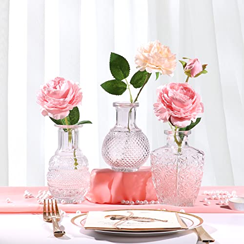 Bigivaca Glass Single Bud Vases,Set Of 6 Clear Vintage Bud Vases In Bulk, Small Embossed Flower Vase Set For Home Décor,Mini Decorative Glass Bottles For Centerpiece, Events,Office,Garden,Wedding #TOP4