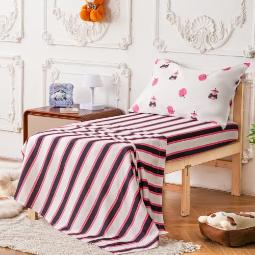 Image of CLOTHKNOW 4Pieces Pink White Apple Toddler Bedding Sets for Boys Girls | Pink Apple and Reversible Black Pink Striped Pattern, Soft Crib Bed Set