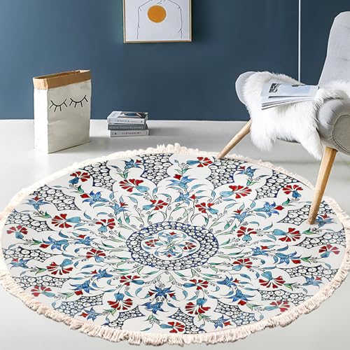 Tapis rond bohème orné de pompons et motif géométrique ethnique - 2