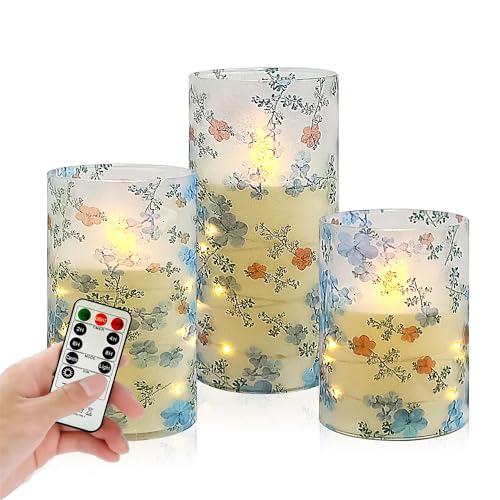 Image of Printed Flameless Candles with String Lights - Set of 3 Battery Operated Candle Flickering Floral LED Pillar Candles with Timer Remote for Home Decor Romantic Ambiance,LT