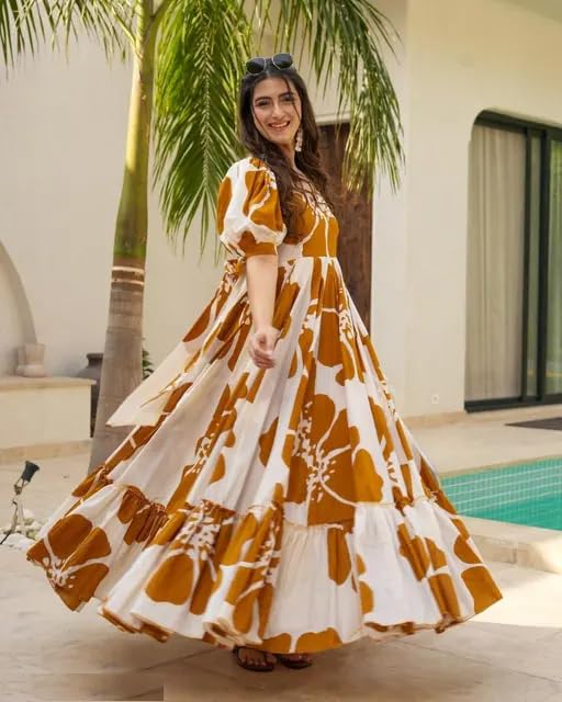 Image of Women Floral Printed Tiered Maxi Dress with Puff Sleeves, Empire Waist, Tie-Up Detail, Flared Long Dress for Casual Wear, Summer Outings, Vacation & Resort Wear - Causal Gown for Women