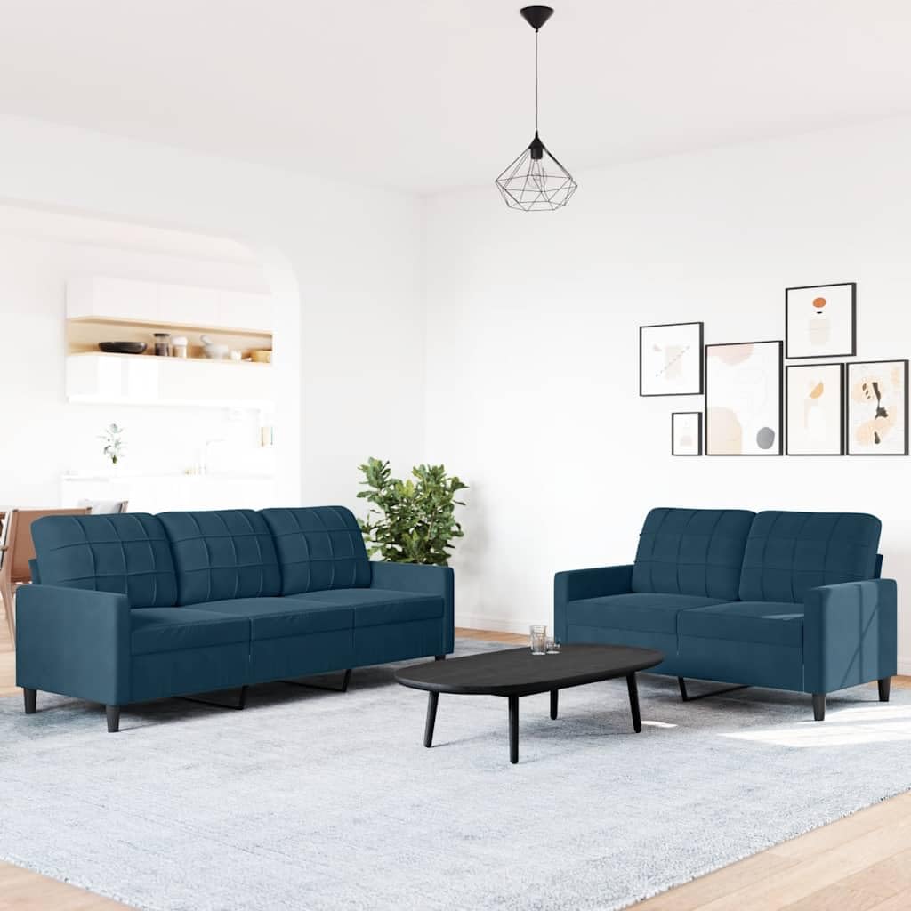 Set di 2 divani con cuscini blu in velluto per soggiorno e camera degli ospiti, divano imbottito, divano ad angolo, relax, sedersi, sdraiati, paesaggio residenziale, divano letto, chaise