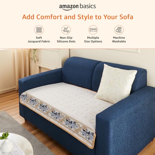 Image of Amazon Basics Jacquard Sofa Cover for Two Seater, Smooth Plain Weave, Non-Slip Sofa Pad, 70x120 cm, Soft Silicone Grip Dots, 100% Polyester, Machine Washable - Grey