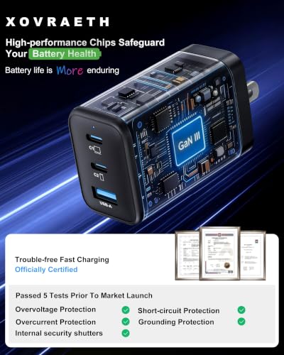 Image of Super Fast 65W GaN USB-C 3-Port Foldable Charger for Samsung S26 Ultra /S26 /S26+ /S25 Ultra /S25 /S24 Ultra /S24 /S23 Ultra /S22 Ultra, iPhone 17 /16 /15 /14 /13 /12, MacBook Pro /Air & iPad Pro