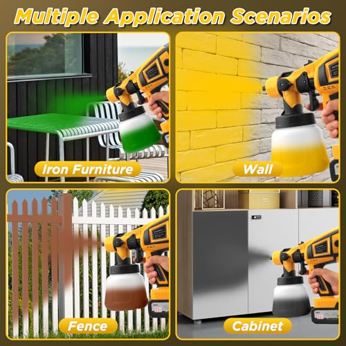 Paint Sprayer Cordless, 650W Paint Sprayer with 2 * 4.0mAh Battery, 1000ml Container 6 Nozzles & 3 Modes, Spray Paint Gun, Copper Motor Paint Sprayer for House Painting Fence Cabinets Wall (Yellow)