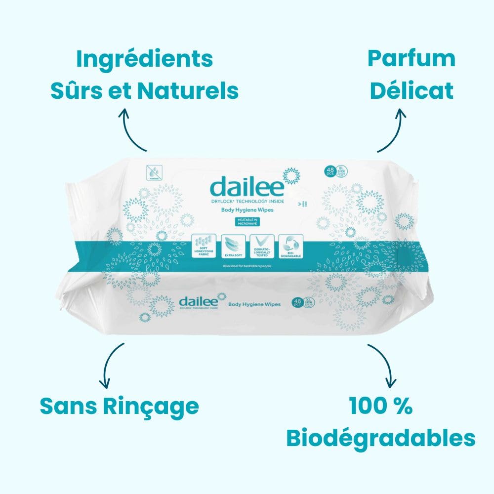 Dailee Lingettes Hygiène Adulte XL - 288 Lingettes Corps Nettoyantes Humides pour Incontinence et Hygiène Intime - Adultes, Personnes Agées, Patients Alités - 6 Paquets