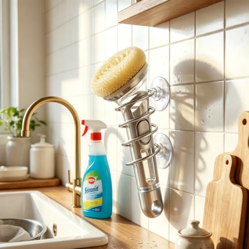 Dish Wand Holder Kitchen Sink Sponge Holder with Suction Cup, Silver