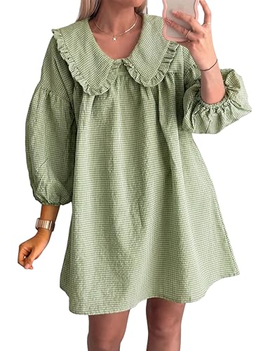 Image of Ynhonra Women's Gingham Mini Dress 3 /4 Puff Sleeve Babydoll Doll Collar