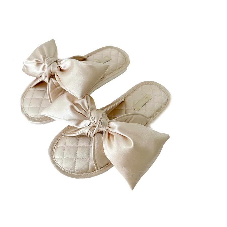 Cute Bow Slippers for Women - Luxury Quilted House Shoes with Monogram Embroidery, Non-Slip Indoor Sandals for Spring/Summer/Fall