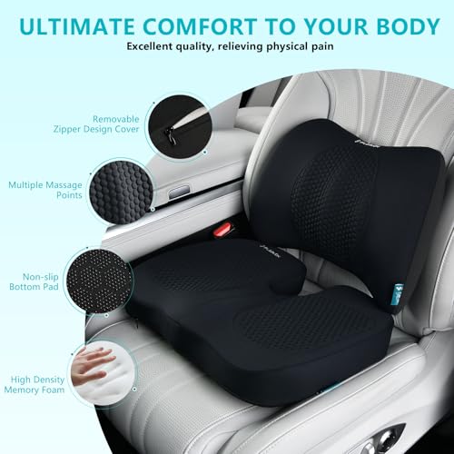 Image of FLORICH Car Seat Cushion and Back Support for Office Chair Memory Foam Chair Cushions Pressure Relief Seat Pads with Gel Massage Point Lumbar Support Relief Sciatica & Tailbone (Light Black)