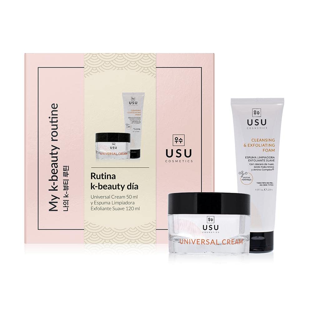 K-Beauty Day Routine Pack - Mousse Nettoyante Exfoliante Douce + Crème Universelle - Aide à nettoyer la peau - Nourrit et hydrate la peau en profondeur - USU Cosmetics