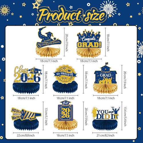 Image of 2026 Graduation Party Decorations - 8 Pcs Blue Gold Class of 2026 Graduation Party Table Decor Honeycomb Centerpieces for Tables Congratulate for 2026 Congrats Grad Party Supplies