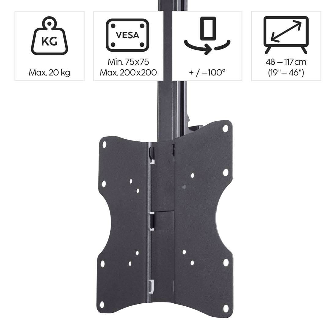 Hama Support TV Plafond Pivotant Réglable en Hauteur Garantie 10 Ans (TV 19" à 46", 117cm 20kg Max, Inclinaison -90°,Pivotable 100°, VESA 200x200 Max, Easy Fix, Chevilles Fischer) Noir