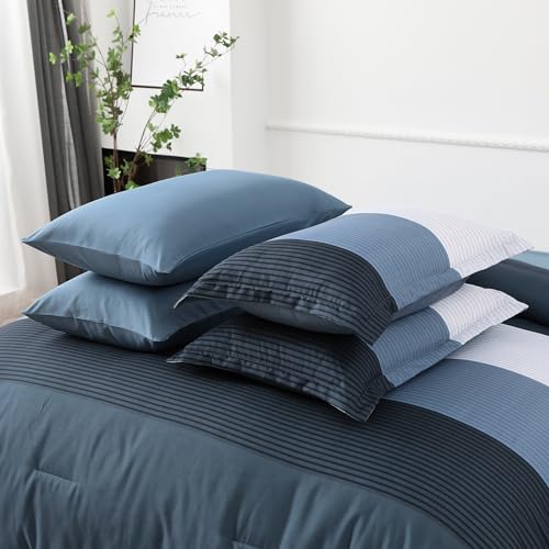Juego de ropa de cama azul marino Queen de 7 piezas para evitar arrugas 7